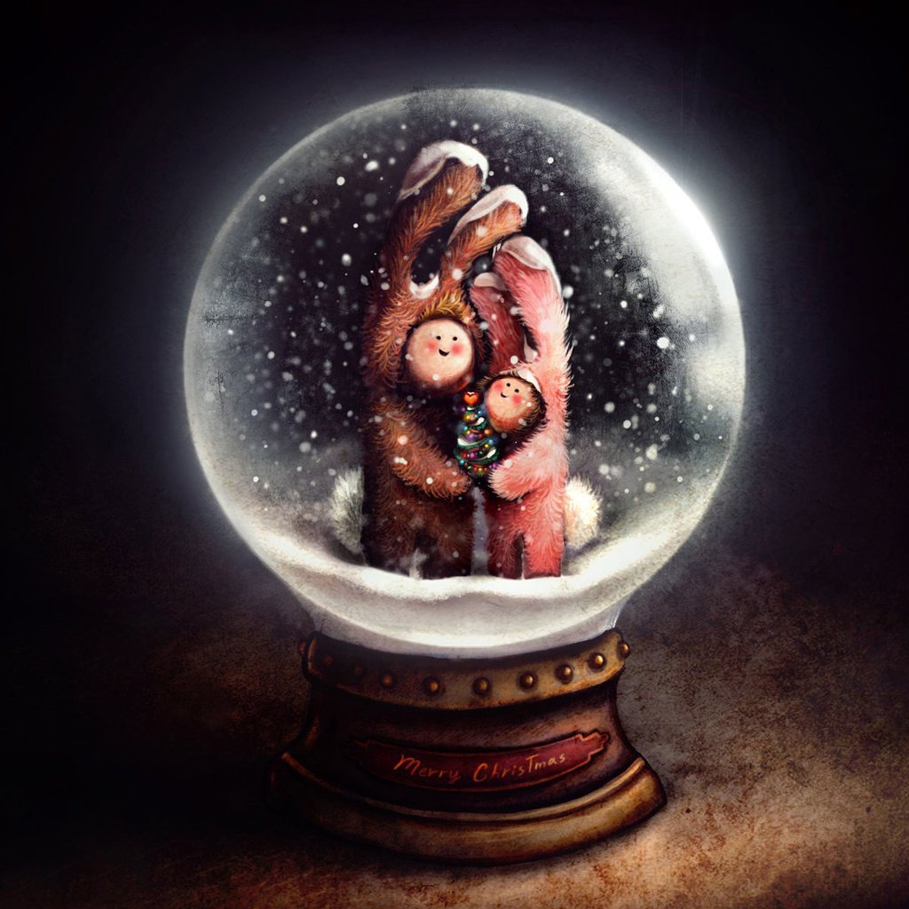 Обои снег, елка, шар, кролики, рождество, костюмы, стеклянный шар, snow, tree, ball, rabbits, christmas, costumes, glass globe разрешение 1920x1200 Загрузить