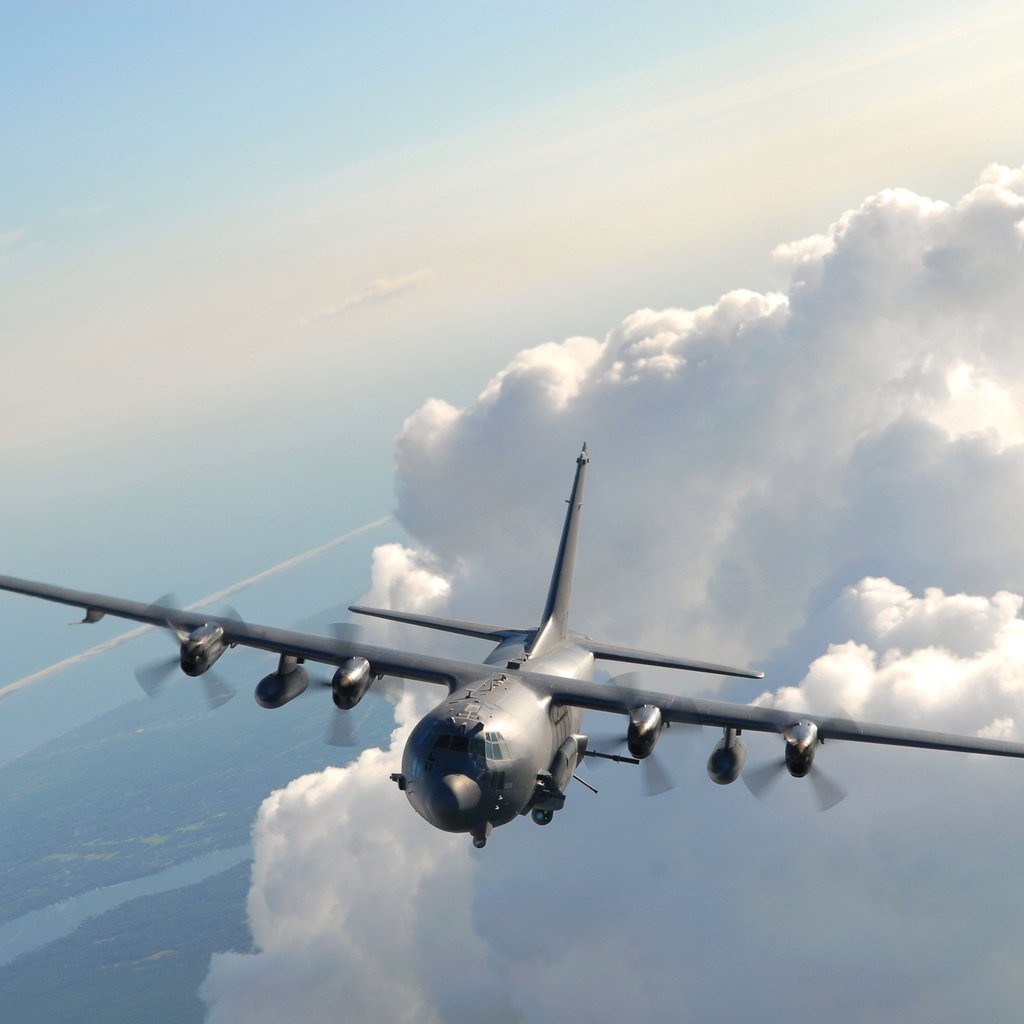 Обои небо, облака, самолет, полет, lockheed ac-130u spooky, the sky, clouds, the plane, flight разрешение 3872x2592 Загрузить