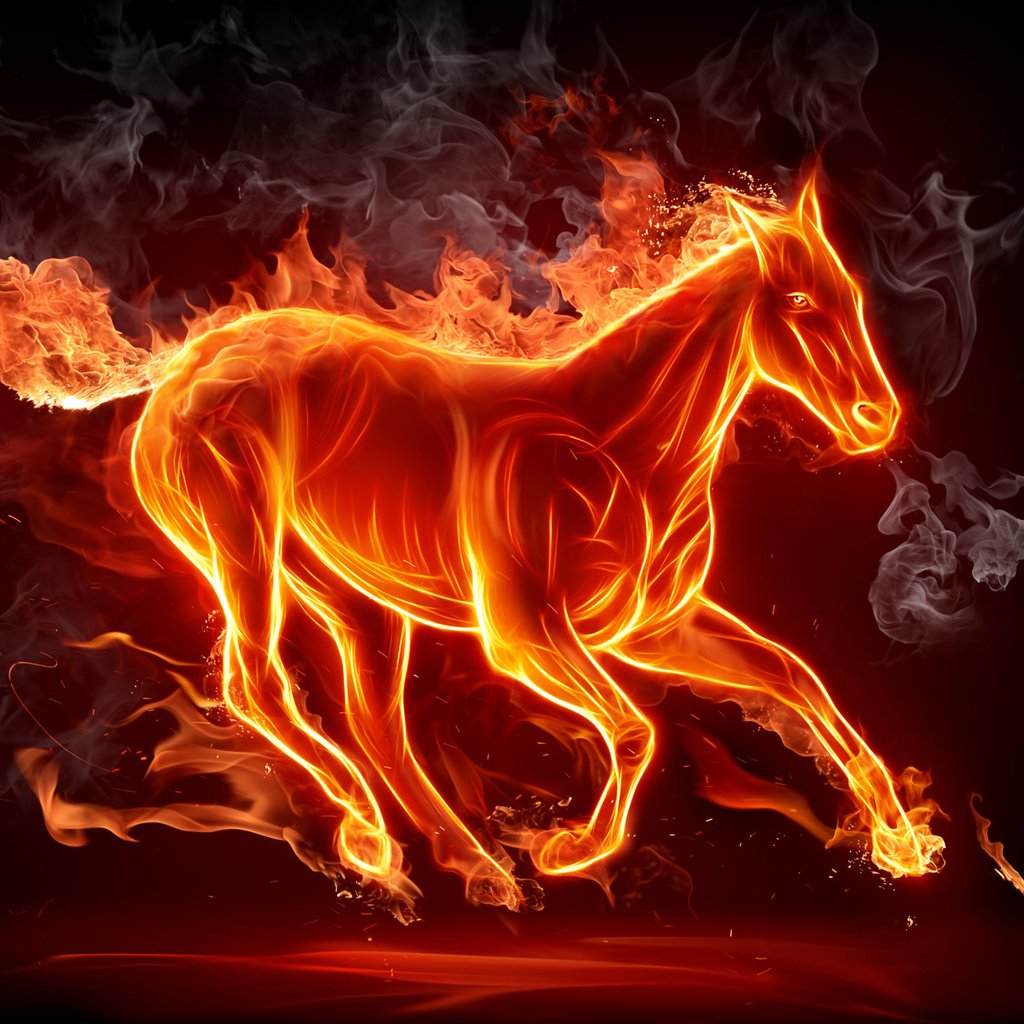 Обои лошадь, пламя, огонь, дым, силуэт, конь, horse, flame, fire, smoke, silhouette разрешение 1920x1200 Загрузить