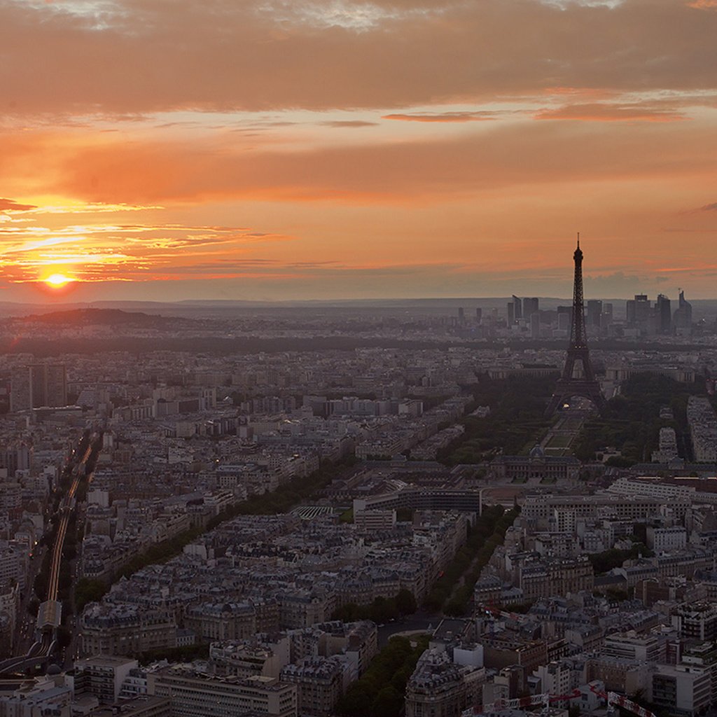 Обои закат, париж, эйфелева башня, вид с высоты, sunset, paris, eiffel tower, the разрешение 1920x1080 Загрузить