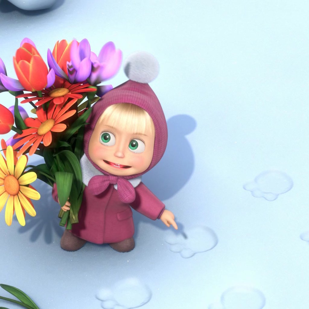 Обои цветы, снег, мультфильм, следы, маша и медведь, flowers, snow, cartoon, traces, masha and the bear разрешение 1920x1080 Загрузить