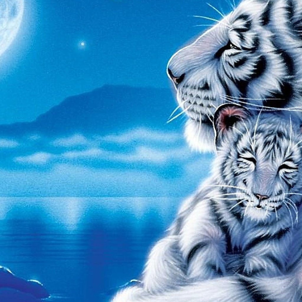 Обои белый тигр с тигренком, white tiger with cub разрешение 1920x1080 Загрузить