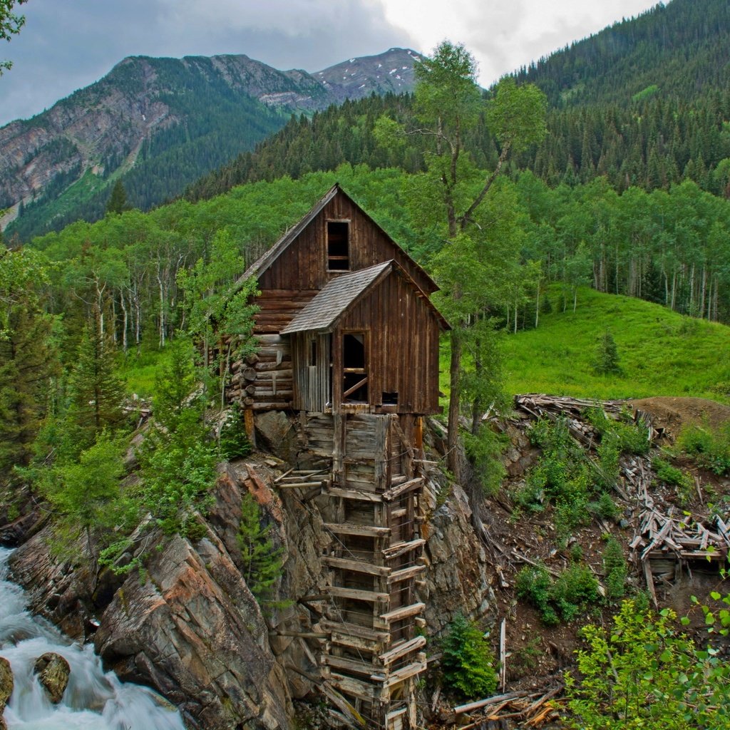 Обои деревья, река, горы, поток, мельница, ellen heaverlo, кристал-милл, trees, river, mountains, stream, mill, crystal mill разрешение 2560x1707 Загрузить