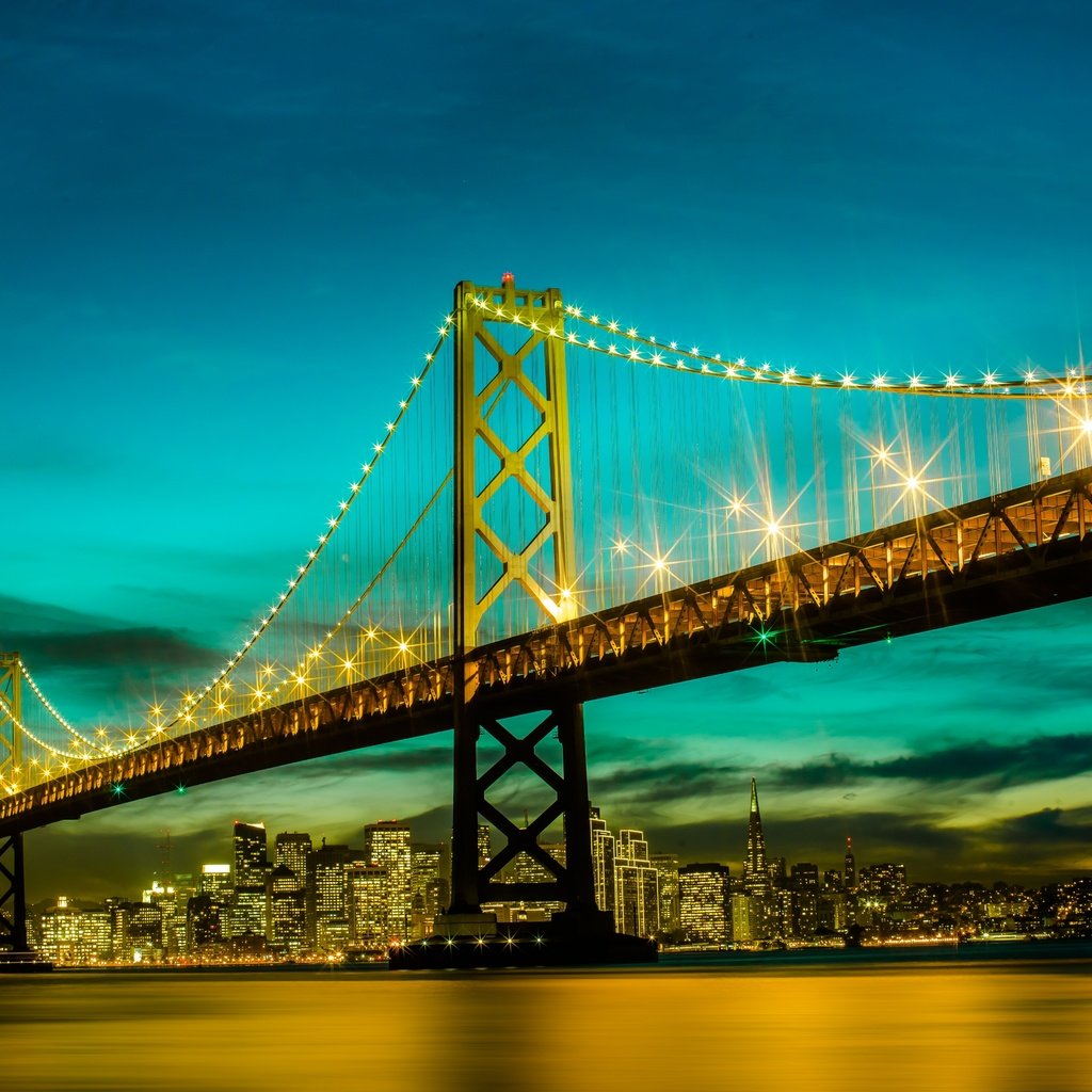 Обои небо, огни, вечер, сша, сан-франциско, калифорния, bay bridge, бэй бридж, the sky, lights, the evening, usa, san francisco, ca разрешение 5760x3840 Загрузить