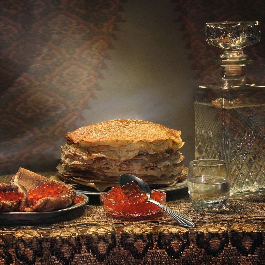 Обои водка, икра, блины, графин, vodka, caviar, pancakes, decanter разрешение 1920x1253 Загрузить