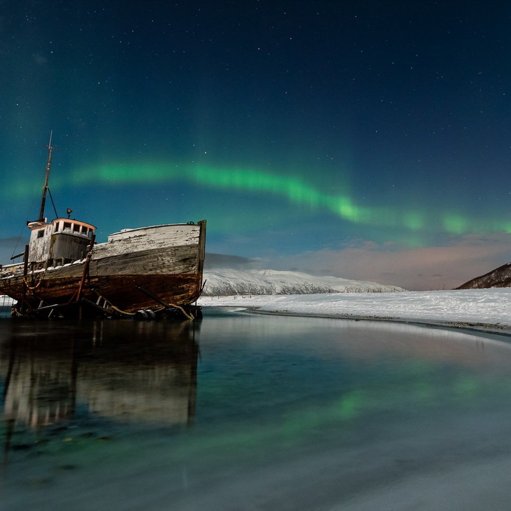 Обои ночь, море, корабль, северное сияние, night, sea, ship, northern lights разрешение 1920x1080 Загрузить