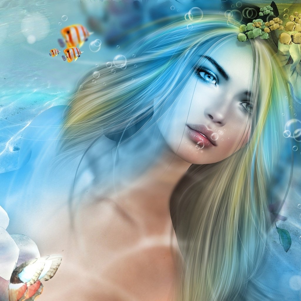 Обои вода, девушка, рыбки, русалка, water, girl, fish, mermaid разрешение 2048x1195 Загрузить