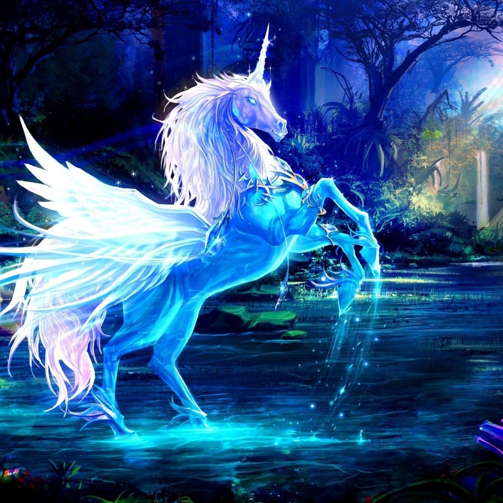 Обои синий, крылья, единорог, рог, водный, blue, wings, unicorn, horn, water разрешение 2560x1440 Загрузить