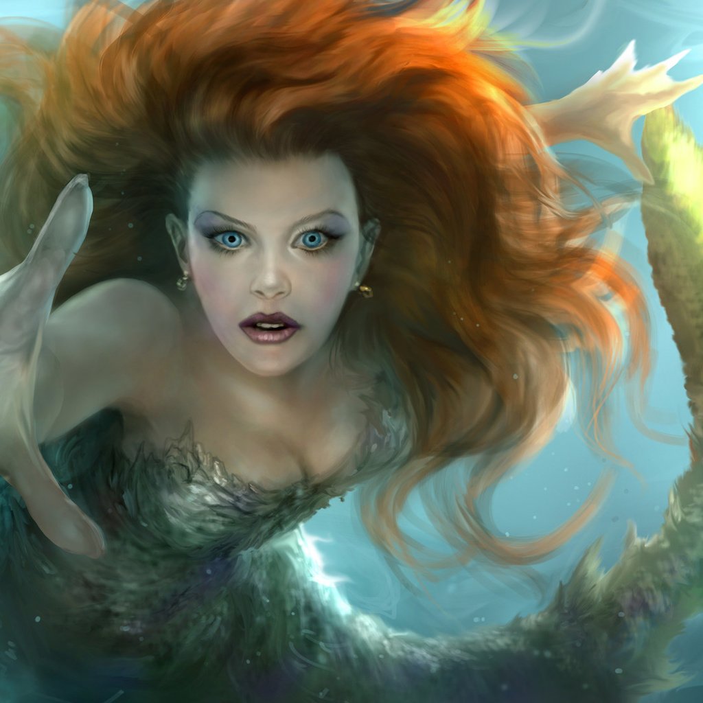 Обои арт, вода, рука, взгляд, волосы, хвост, русалка, плавник, art, water, hand, look, hair, tail, mermaid, fin разрешение 1920x1096 Загрузить