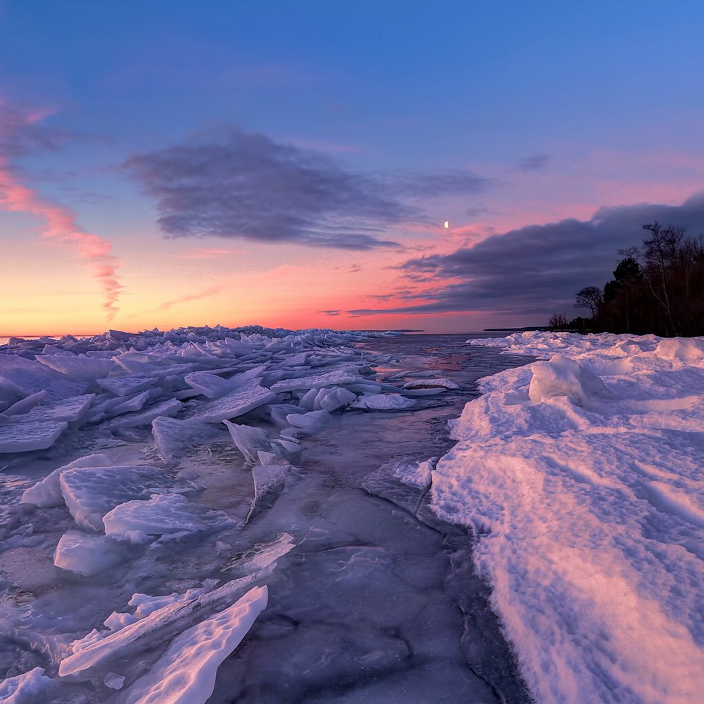 Обои деревья, река, снег, закат, пейзаж, лёд, trees, river, snow, sunset, landscape, ice разрешение 1920x1200 Загрузить