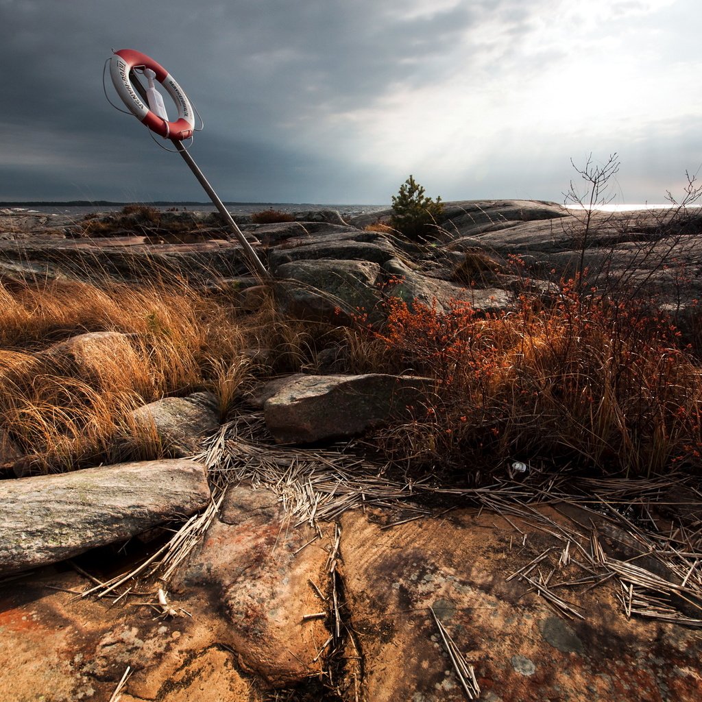 Обои трава, камни, берег, пейзаж, море, знак, круг, grass, stones, shore, landscape, sea, sign, round разрешение 2560x1600 Загрузить