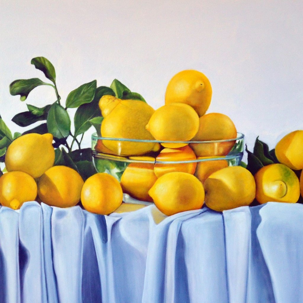 Обои листья, фрукты, стол, ткань, лимоны, цитрусы, leaves, fruit, table, fabric, lemons, citrus разрешение 2385x1220 Загрузить