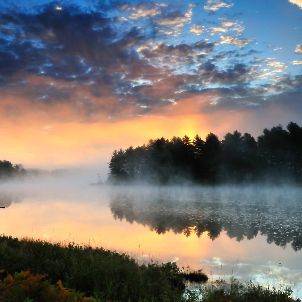 Обои облака, деревья, река, природа, лес, закат, пейзаж, туман, clouds, trees, river, nature, forest, sunset, landscape, fog разрешение 2560x1600 Загрузить