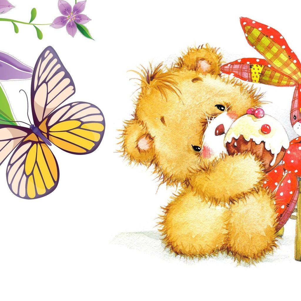 Обои арт, день рождения, настроение, зайчик, бабочка, пирожное, мишка, стульчик, игрушка, детская, малыш, кексик, подарок, праздник, art, birthday, mood, bunny, butterfly, cake, bear, chair, toy, children's, cupcake, baby, gift, holiday разрешение 2322x1479 Загрузить
