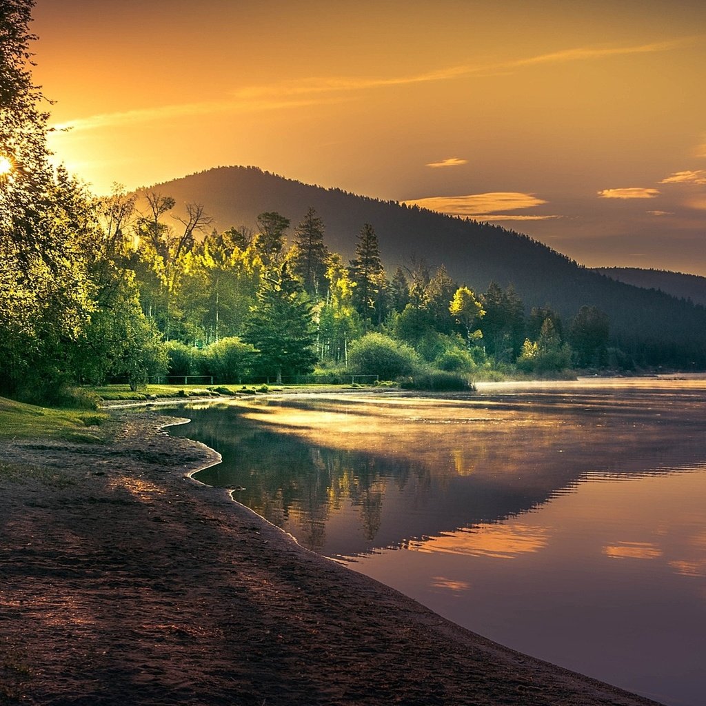 Обои деревья, озеро, горы, солнце, берег, лес, утро, рассвет, trees, lake, mountains, the sun, shore, forest, morning, dawn разрешение 1920x1200 Загрузить