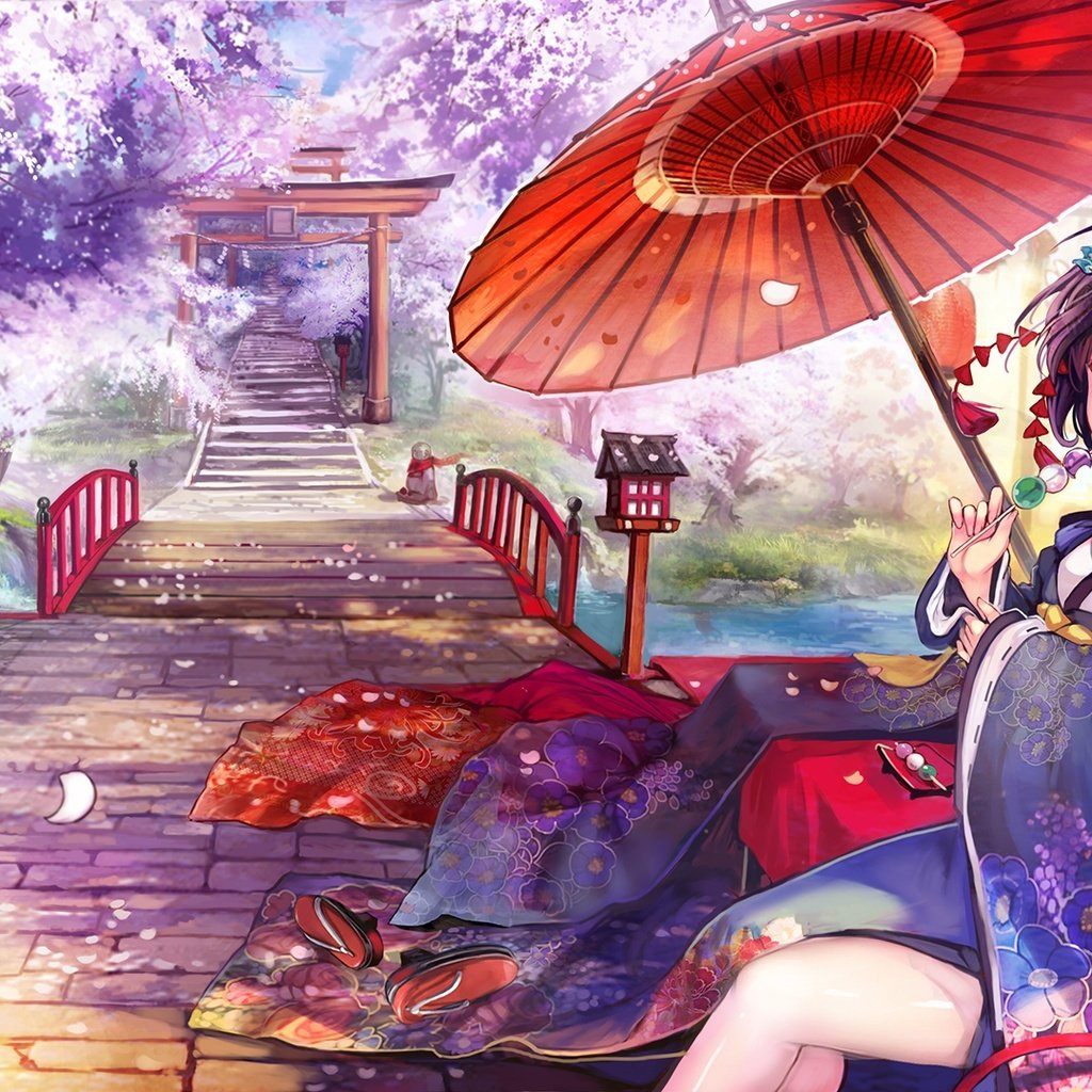 Обои japanese clothes, тории, румяна, аниме девочка, sakura blossom, shrine, torii, blush, anime girl разрешение 1920x1080 Загрузить