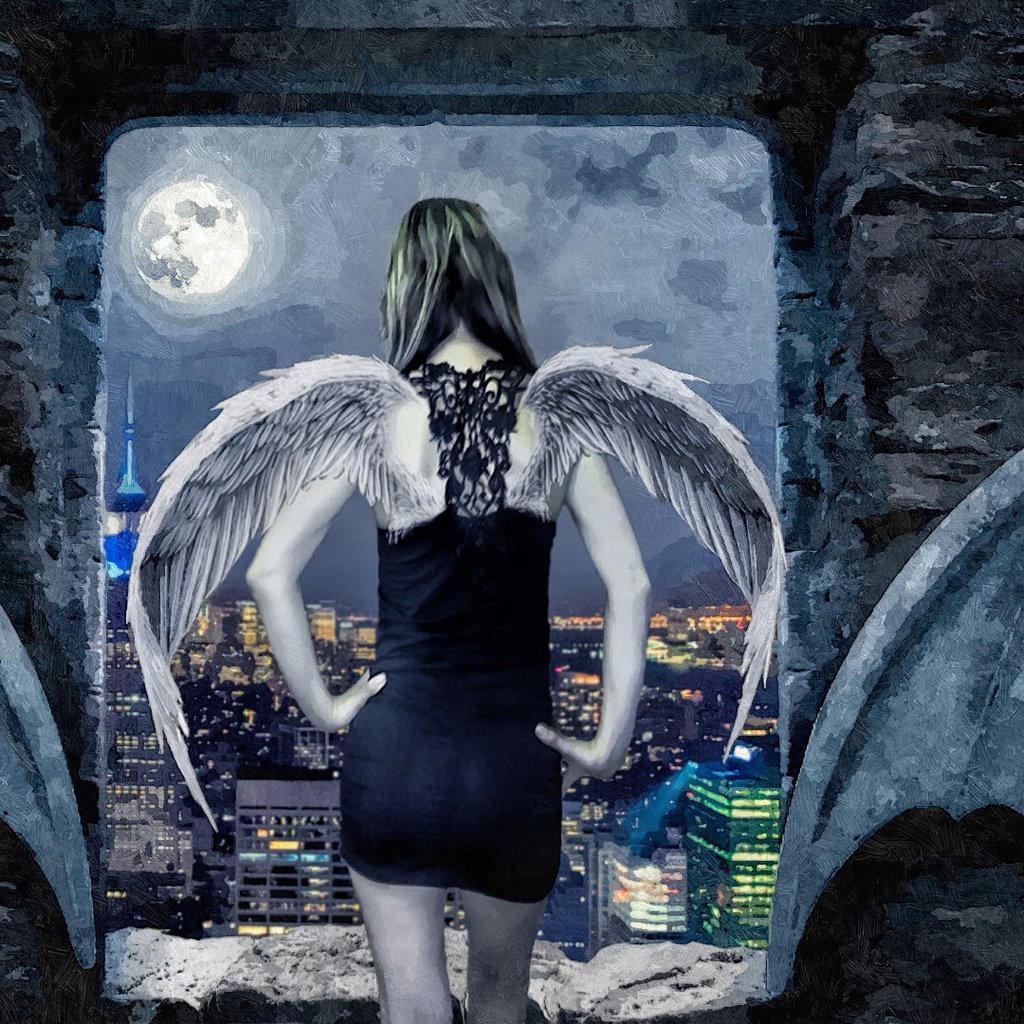 Обои девушка, город, луна, крылья, ангел, гаргульи, girl, the city, the moon, wings, angel, gargoyles разрешение 1920x1080 Загрузить