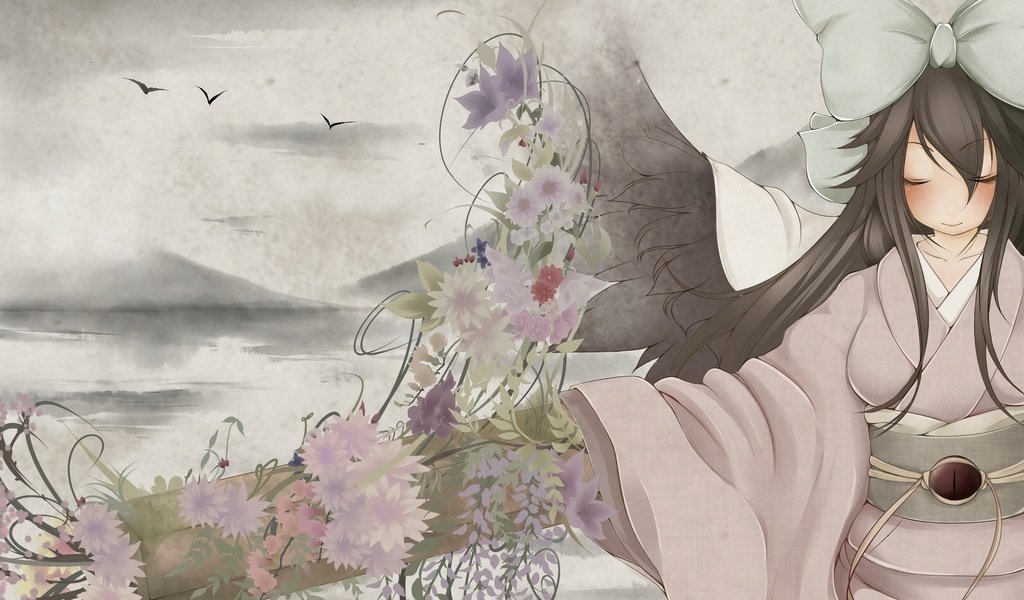 Обои небо, цветы, кимоно, reiuji utsuho, бант, the sky, flowers, kimono, bow разрешение 2000x1271 Загрузить