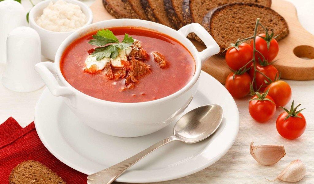 Обои хлеб, томаты, борщ, суп, bread, tomatoes, soup разрешение 1920x1200 Загрузить