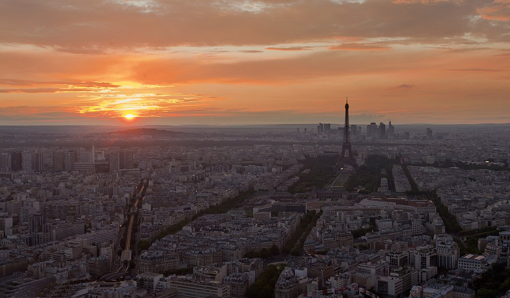 Обои закат, париж, эйфелева башня, вид с высоты, sunset, paris, eiffel tower, the разрешение 1920x1080 Загрузить