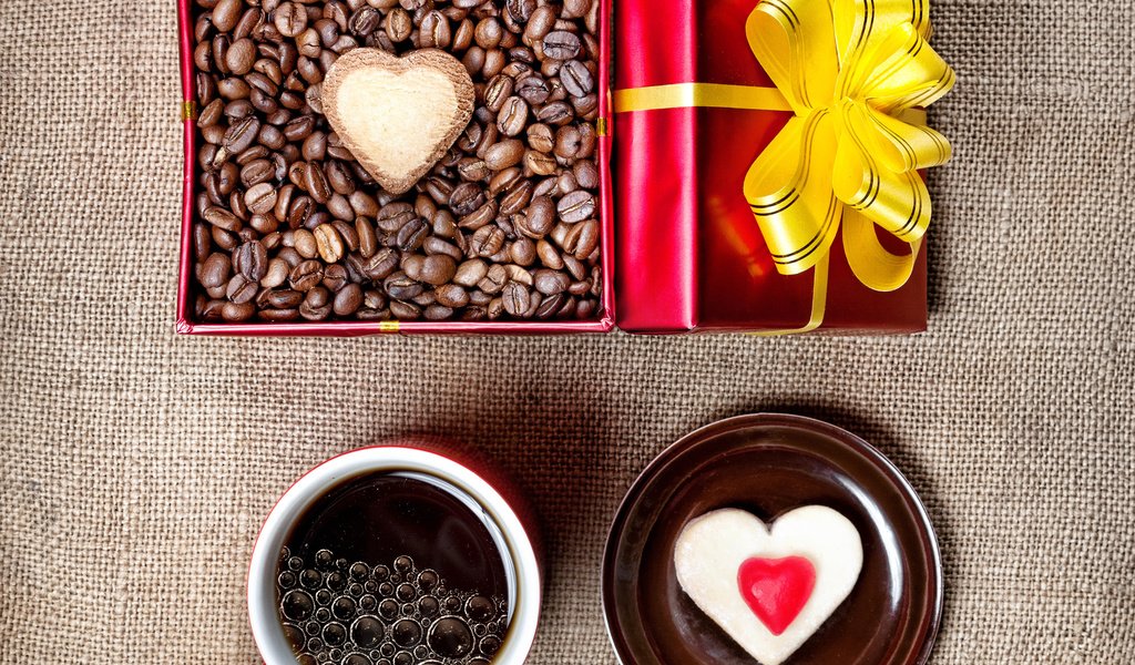 Обои зерна, кофе, сердце, чашка, кофейные, подарок, праздник, коробка, пирожное, cake, grain, coffee, heart, cup, gift, holiday, box разрешение 2560x1600 Загрузить