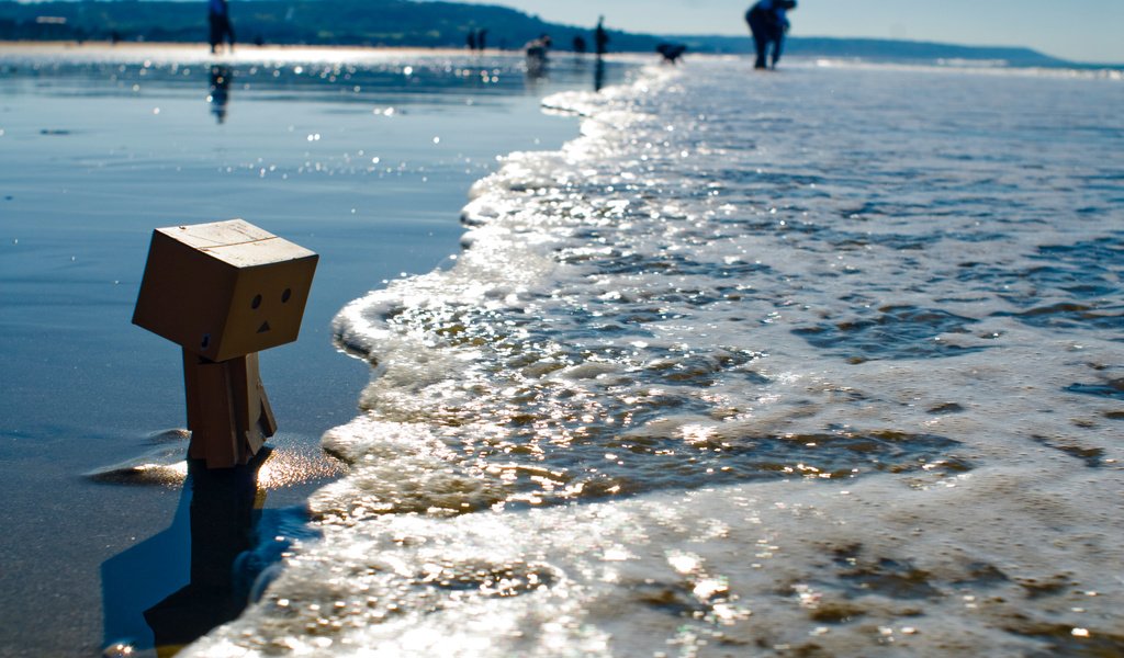 Обои берег, пляж, робот, данбо, korobochka, bereg, plyazh, priliv, картонный человечек, картонный робот, shore, beach, robot, danbo, cardboard man, cardboard robot разрешение 1920x1200 Загрузить