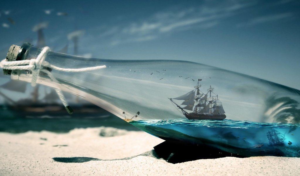 Обои парусник в бутылке, sailboat in the bottle разрешение 2560x1440 Загрузить