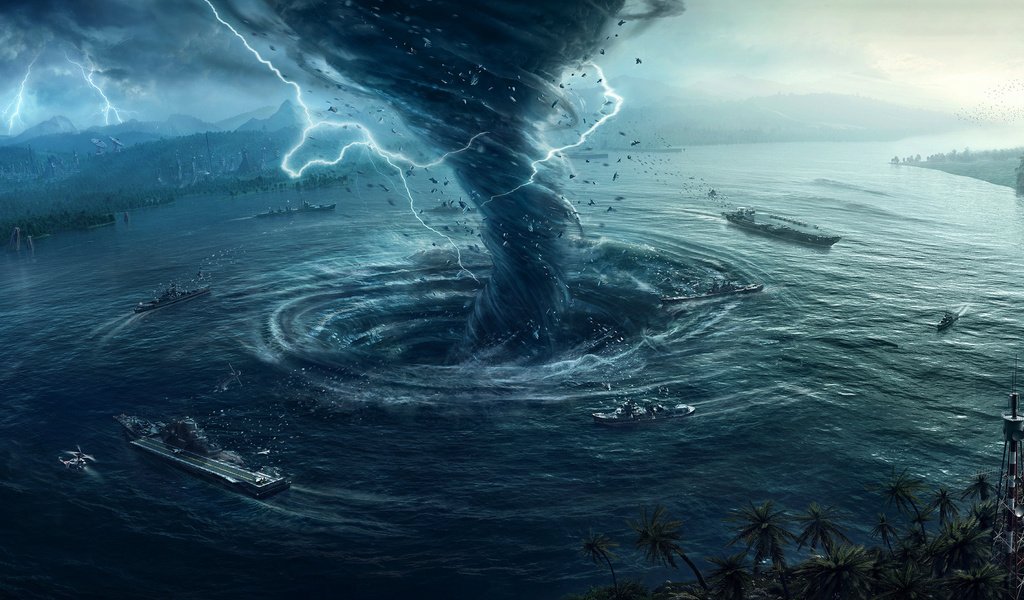 Обои вода, корабли, молния, графика, смерч, 3д, water, ships, lightning, graphics, tornado, 3d разрешение 2560x1440 Загрузить