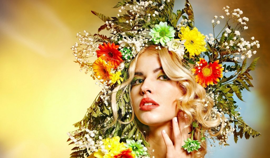 Обои цветы, девушка, блондинка, лицо, венок, flowers, girl, blonde, face, wreath разрешение 1920x1200 Загрузить