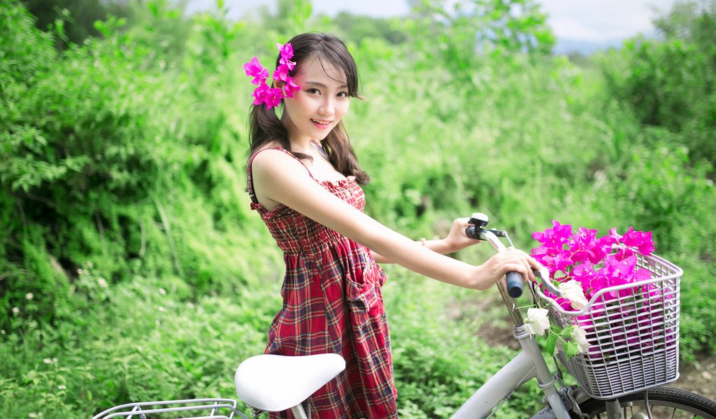 Обои цветы, девушка, азиатка, велосипед, flowers, girl, asian, bike разрешение 2048x1365 Загрузить