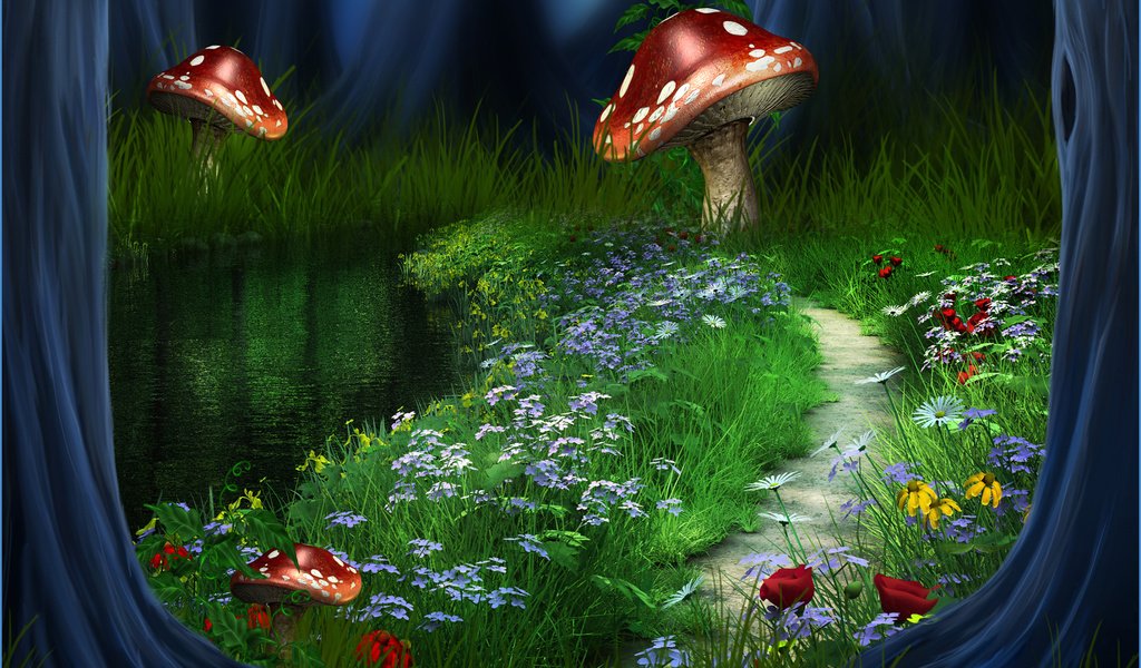 Обои цветы, река, природа, лес, пейзаж, пути, 3д, flowers, river, nature, forest, landscape, the way, 3d разрешение 2560x1600 Загрузить