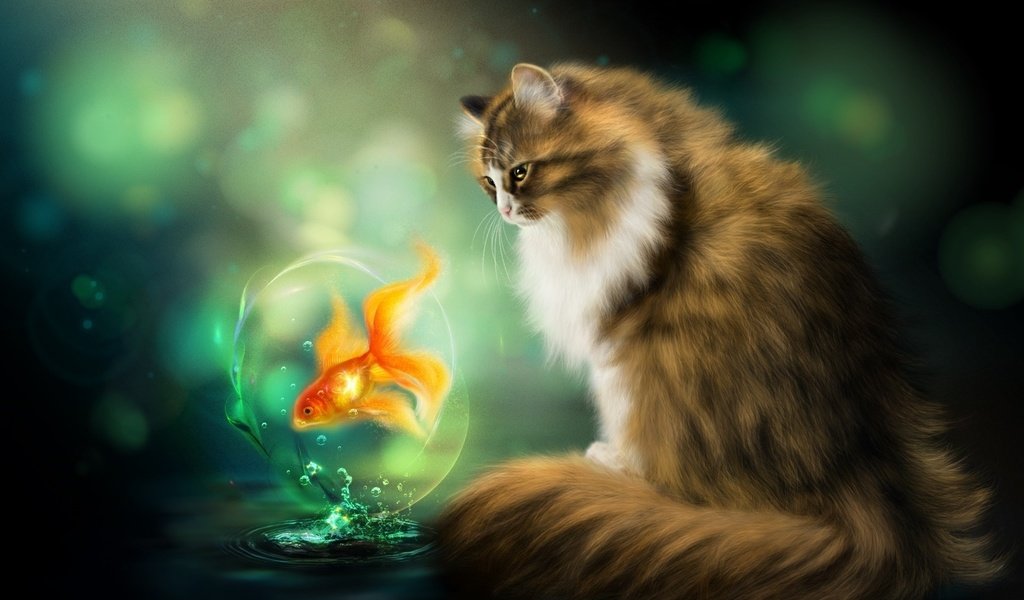 Обои кот, кошка, фотошоп, живопись, золотая рыбка, рыба, нelena, cat, photoshop, painting, goldfish, fish, gb разрешение 1920x1200 Загрузить