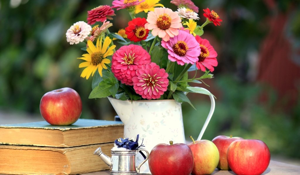 Обои яблоки, книги, букет, цинния, apples, books, bouquet, zinnia разрешение 1920x1280 Загрузить