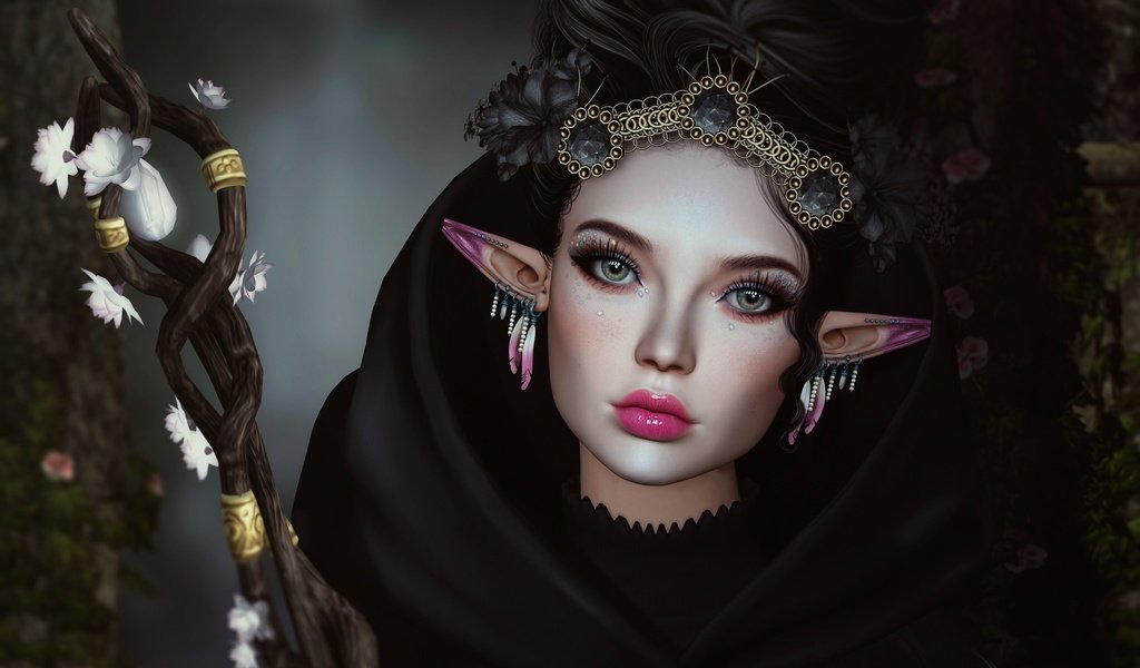 Обои украшения, девушка, лицо, уши, посох, эльф, decoration, girl, face, ears, staff, elf разрешение 2048x1360 Загрузить