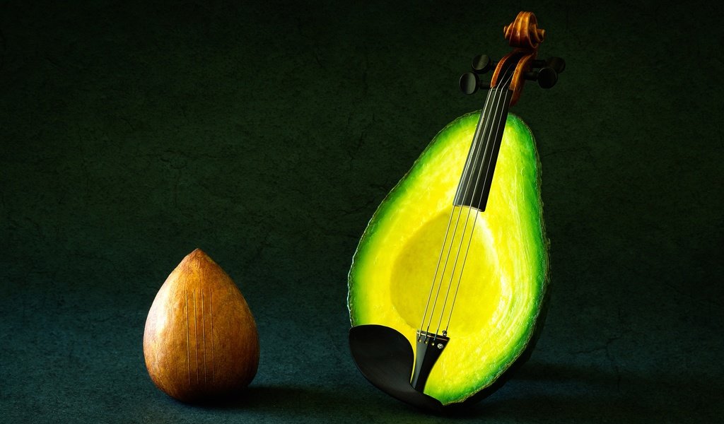 Обои фон, скрипка, фрукты, фантазия, струны, авокадо, background, violin, fruit, fantasy, strings, avocado разрешение 2500x1787 Загрузить