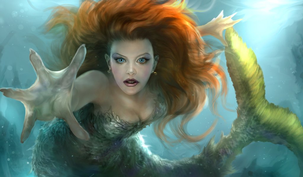 Обои арт, вода, рука, взгляд, волосы, хвост, русалка, плавник, art, water, hand, look, hair, tail, mermaid, fin разрешение 1920x1096 Загрузить