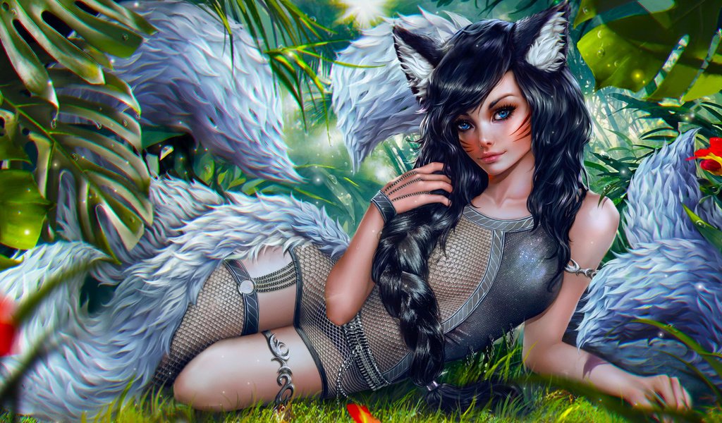 Обои девушка, кошка, взгляд, волосы, ушки, хвост, girl, cat, look, hair, ears, tail разрешение 1920x1200 Загрузить