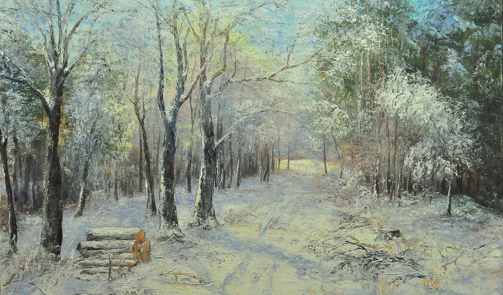 Обои картина, пейзаж, живопись, зимний лес, małgorzata rawicka, picture, landscape, painting, winter forest разрешение 1920x1200 Загрузить