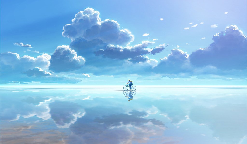 Обои небо, облака, вода, отражение, вектор, графика, велосипедист, the sky, clouds, water, reflection, vector, graphics, cyclist разрешение 1920x1200 Загрузить