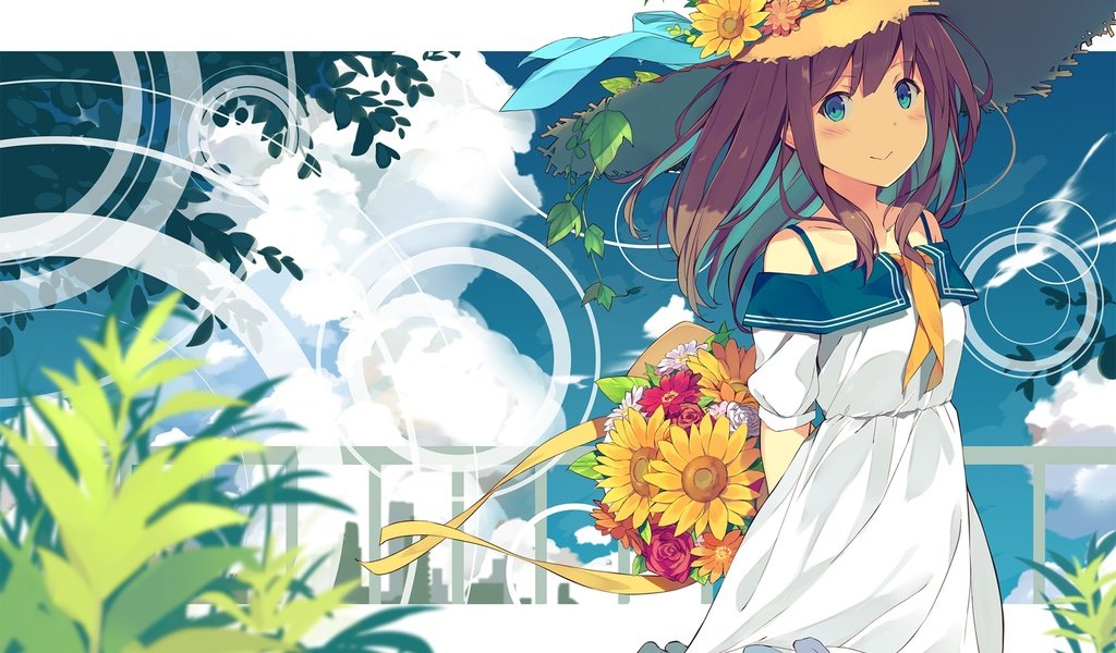 Обои облака,  цветы, summer dress, аниме девочка, соломенная шляпа, clouds, flowers, anime girl, straw hat разрешение 2000x1422 Загрузить