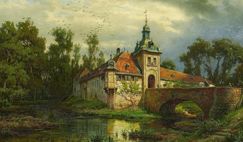 Обои немецкий живописец, german landscape painter, oil on canvas, 1871, август левин фон вилле, wasserschloss mit heimkehrendem reiter, август фон вилле, august von wille, the return on horseback, замок с рвом и возвращающимся, german painter, one thousand eight hundred seventy one, august levin von villa, august von villa, castle with a moat and returning разрешение 2112x1188 Загрузить