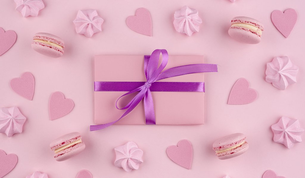 Обои фон, розовый, подарок, печенье, безе, macarons, меренги, background, pink, gift, cookies, meringue разрешение 5804x3874 Загрузить