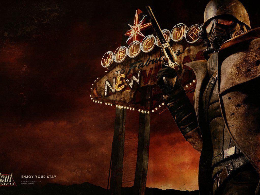 Обои огни, неон, солдат, револьвер, fallout, new vegas, вегас, lights, neon, soldiers, revolver, vegas разрешение 1920x1200 Загрузить