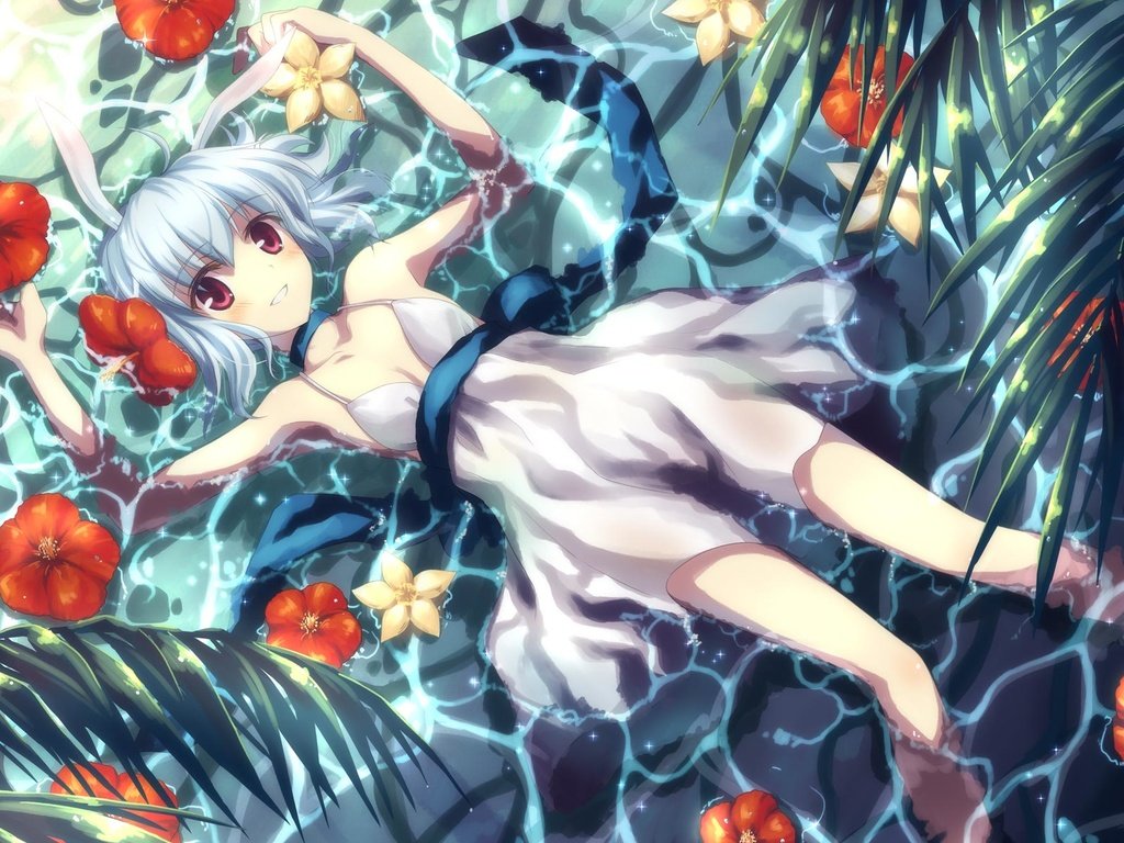 Обои цветы, вода, девушка, улыбка, аниме, flowers, water, girl, smile, anime разрешение 1920x1200 Загрузить