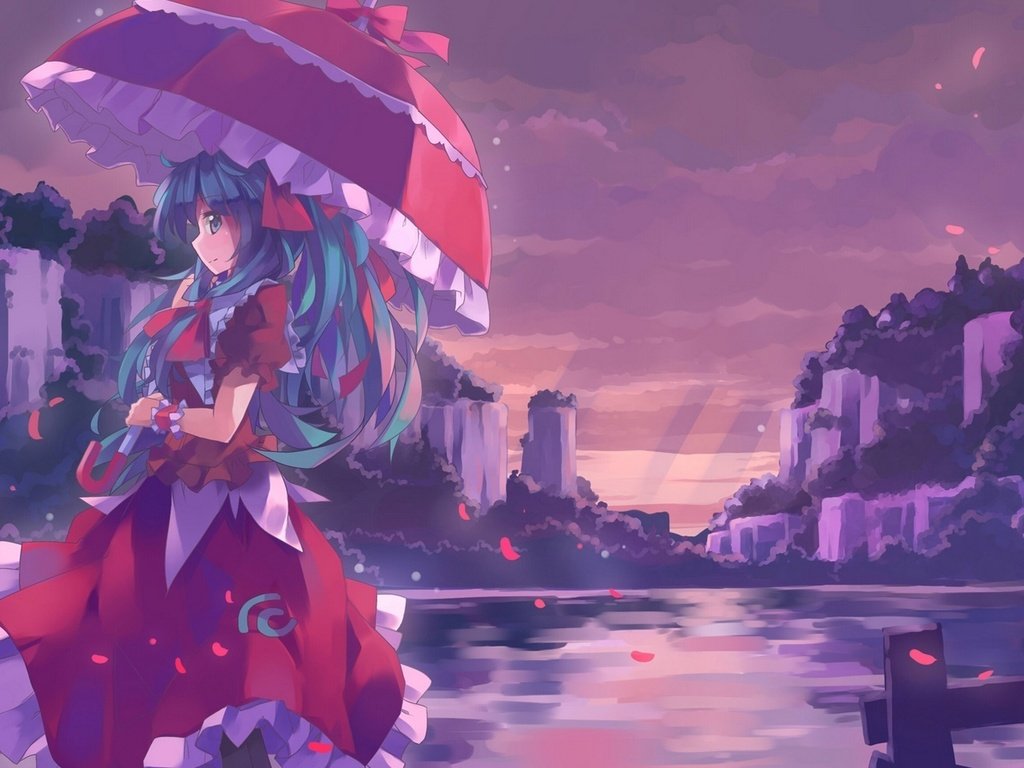 Обои девушка, платье, улыбка, зонт, kagiyama hina, вода., тохо, girl, dress, smile, umbrella, water., touhou разрешение 1920x1080 Загрузить