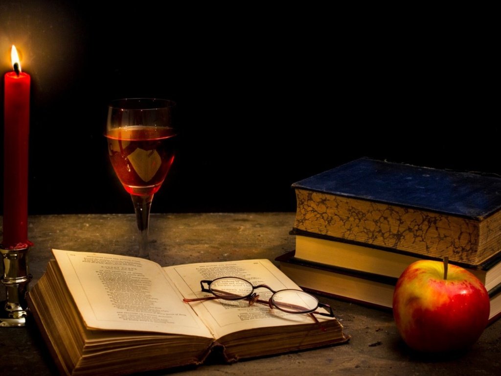 Обои очки, книги, бокал, яблоко, свеча, glasses, books, glass, apple, candle разрешение 1920x1080 Загрузить