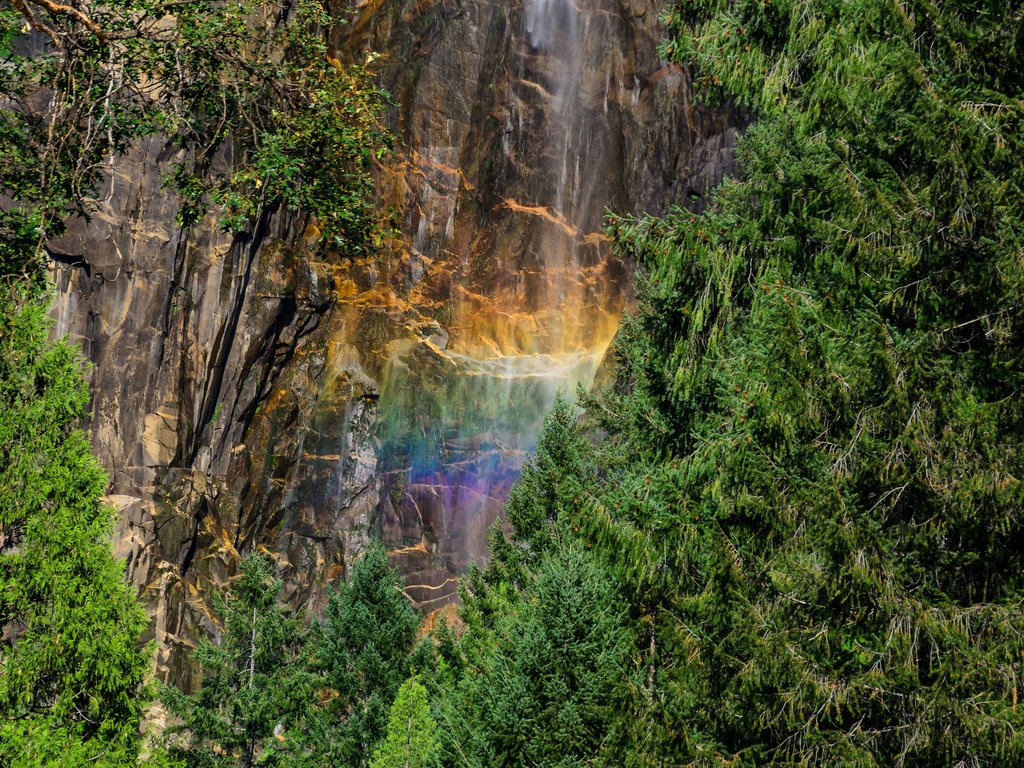 Обои лес, скала, водопад, радуга, йосемитский национальный парк, forest, rock, waterfall, rainbow, yosemite national park разрешение 2048x1152 Загрузить