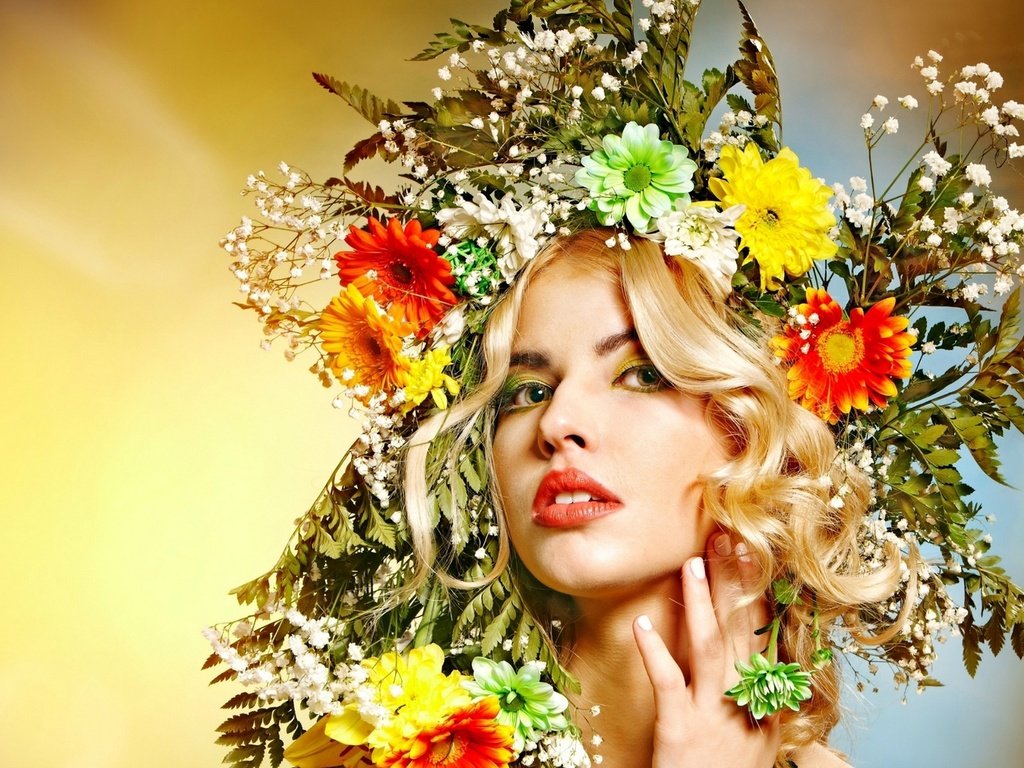 Обои цветы, девушка, блондинка, лицо, венок, flowers, girl, blonde, face, wreath разрешение 1920x1200 Загрузить