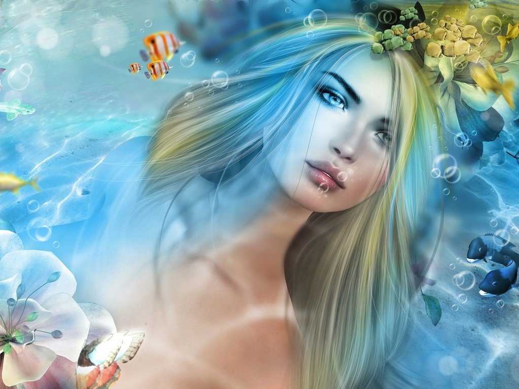 Обои вода, девушка, рыбки, русалка, water, girl, fish, mermaid разрешение 2048x1195 Загрузить