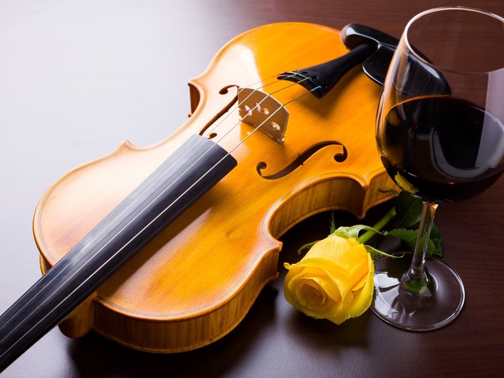 Обои цветок, скрипка, роза, струны, бокал, вино, жёлтая, flower, violin, rose, strings, glass, wine, yellow разрешение 2555x1600 Загрузить